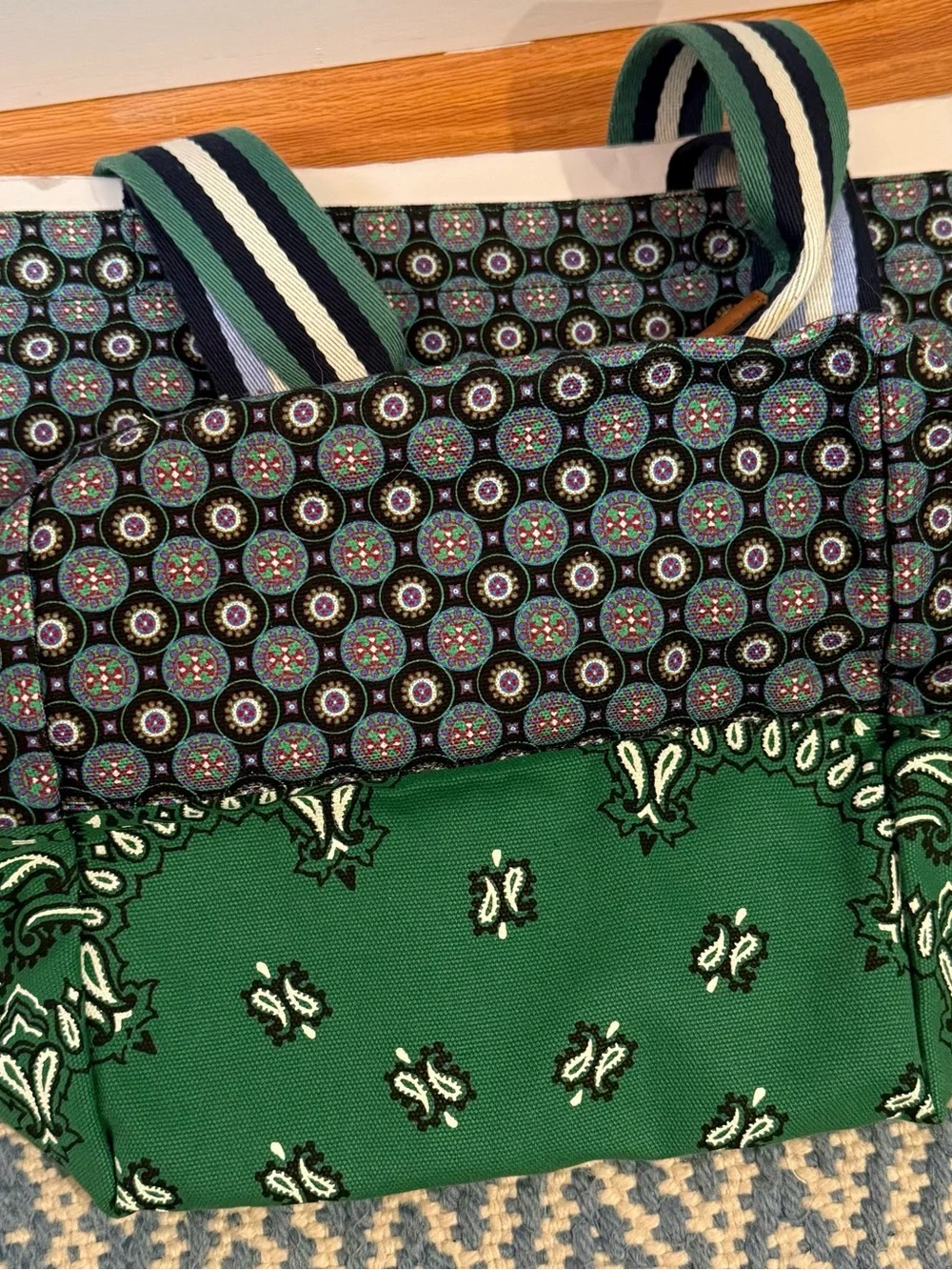 Tory Burch Green Bandana-Print Canvas Tote with Tan Leather Logo Patch